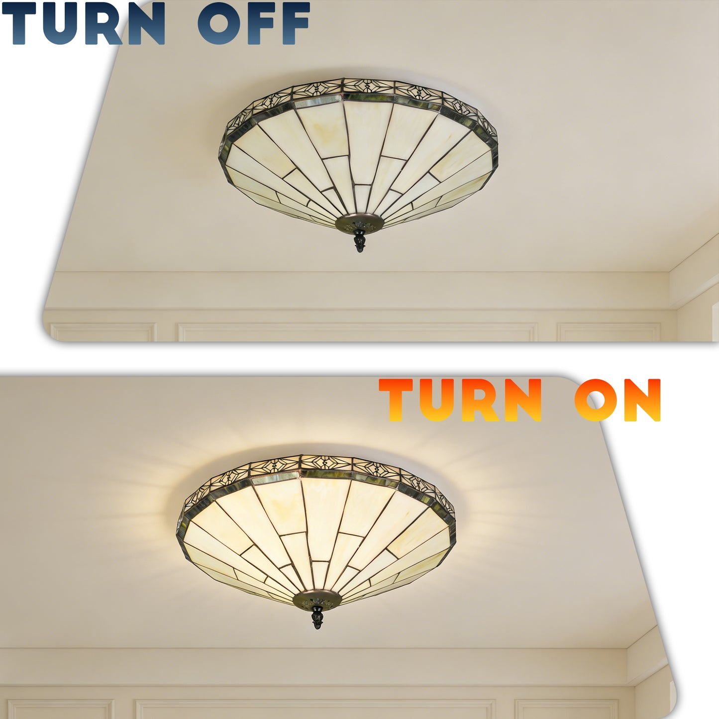 Tiffany Style Stained Glass Flush Mount Ceiling Light - Geometric Pattern Cream Glass 2-Light E26 Ceiling Lamp
