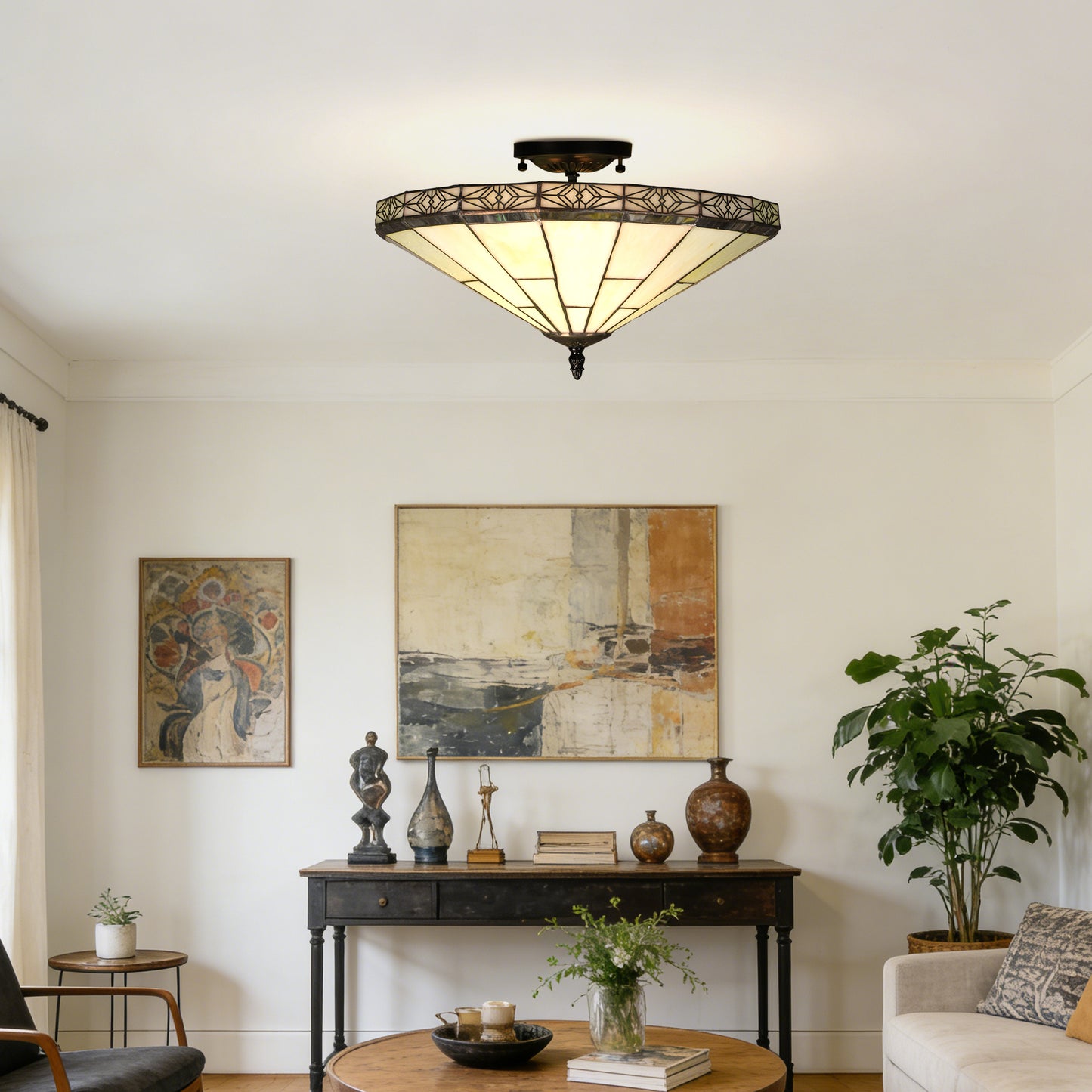 Tiffany Style Stained Glass Flush Mount Ceiling Light - Geometric Pattern Cream Glass 2-Light E26 Ceiling Lamp