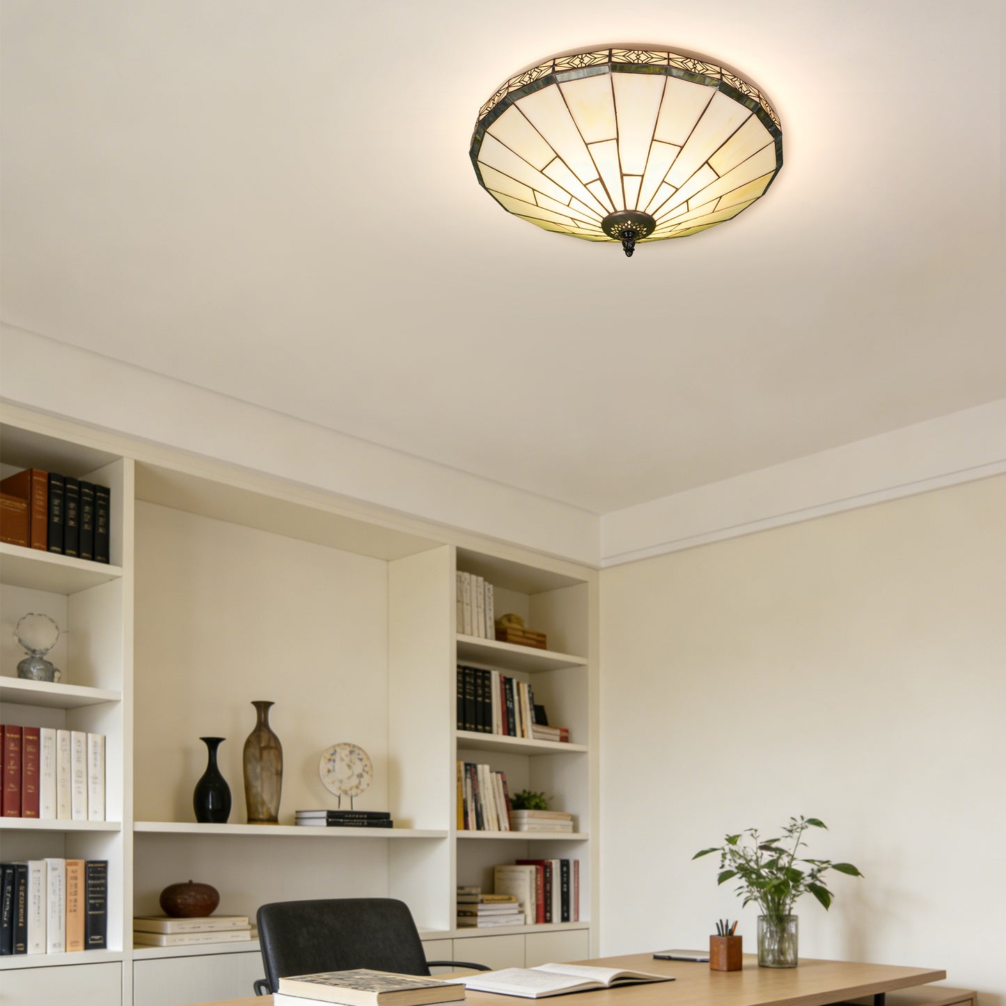 Tiffany Style Stained Glass Flush Mount Ceiling Light - Geometric Pattern Cream Glass 2-Light E26 Ceiling Lamp