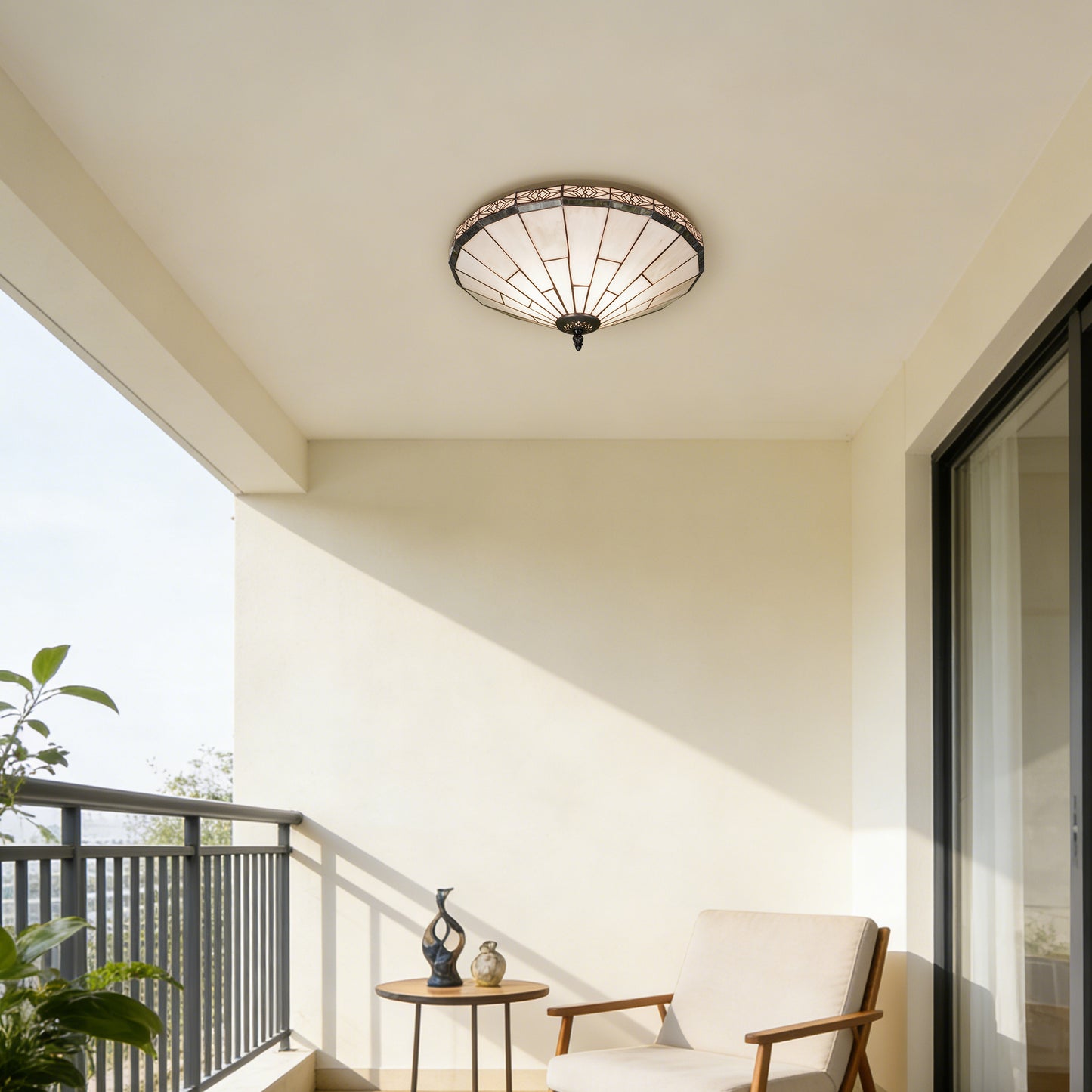 Tiffany Style Stained Glass Flush Mount Ceiling Light - Geometric Pattern Cream Glass 2-Light E26 Ceiling Lamp