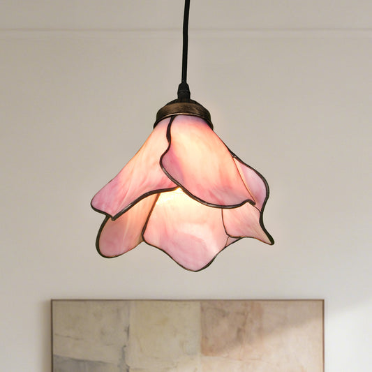 Vintage Pink Flower Tiffany Stained Glass Pendant Light - Floral Shade Adjustable Ceiling Lamp