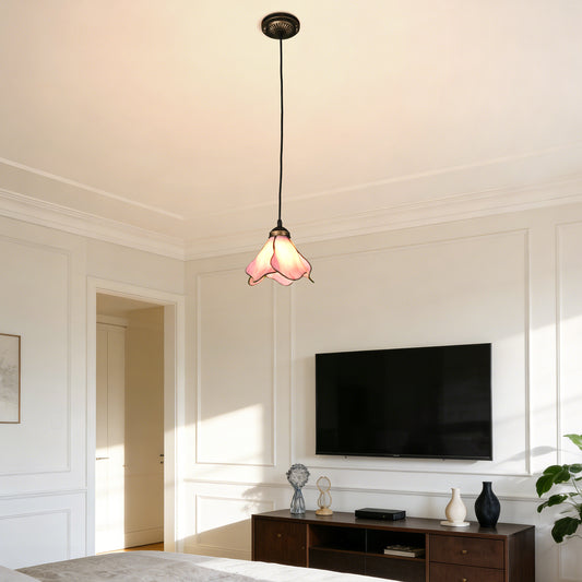 Vintage Pink Flower Tiffany Stained Glass Pendant Light - Floral Shade Adjustable Ceiling Lamp