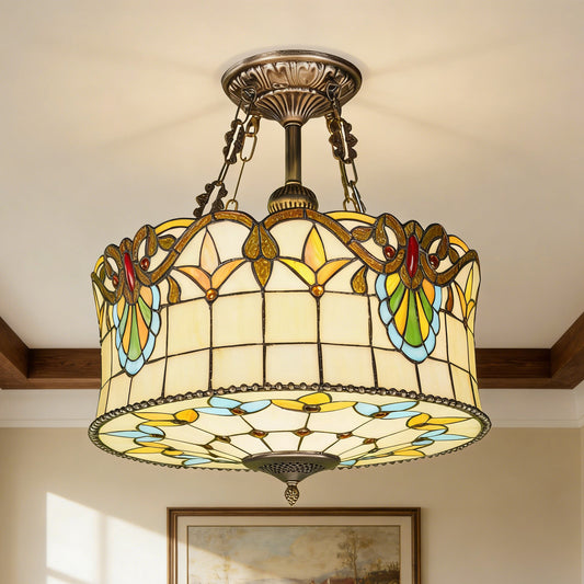 Floral Stained Glass Semi Flush Mount Ceiling Light - Antique Bronze 5-Light E26 Ceiling Lamp