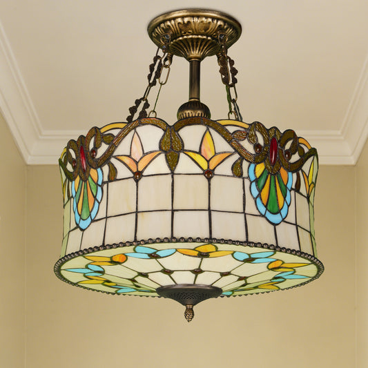 Floral Stained Glass Semi Flush Mount Ceiling Light - Antique Bronze 5-Light E26 Ceiling Lamp