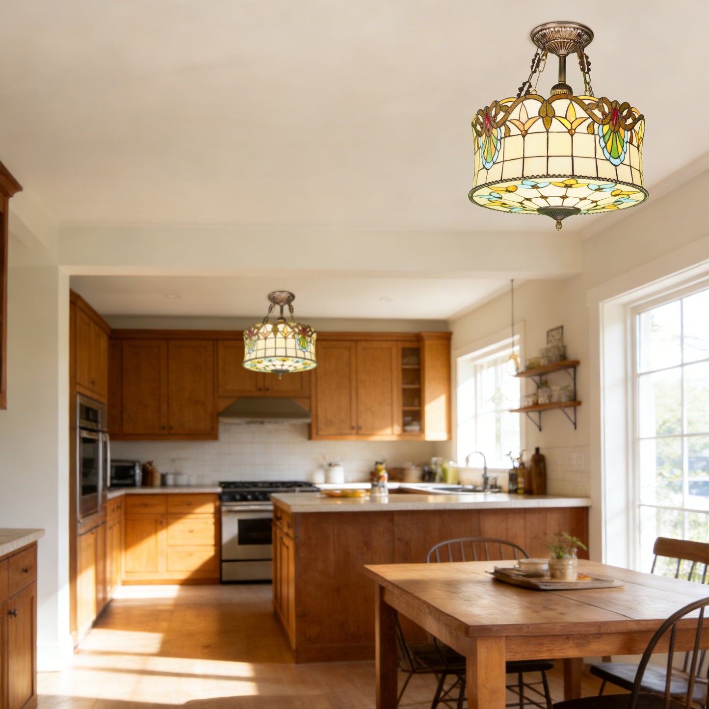 Floral Stained Glass Semi Flush Mount Ceiling Light - Antique Bronze 5-Light E26 Ceiling Lamp