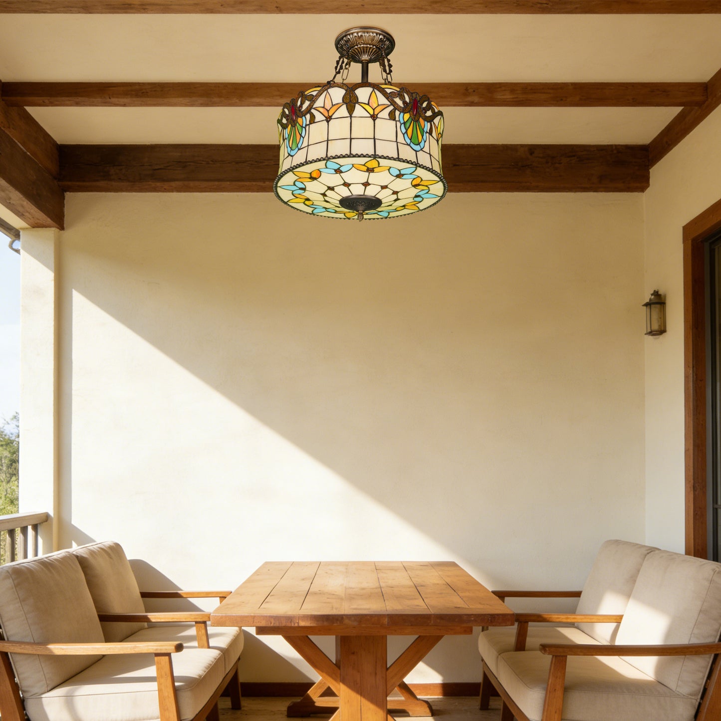 Floral Stained Glass Semi Flush Mount Ceiling Light - Antique Bronze 5-Light E26 Ceiling Lamp