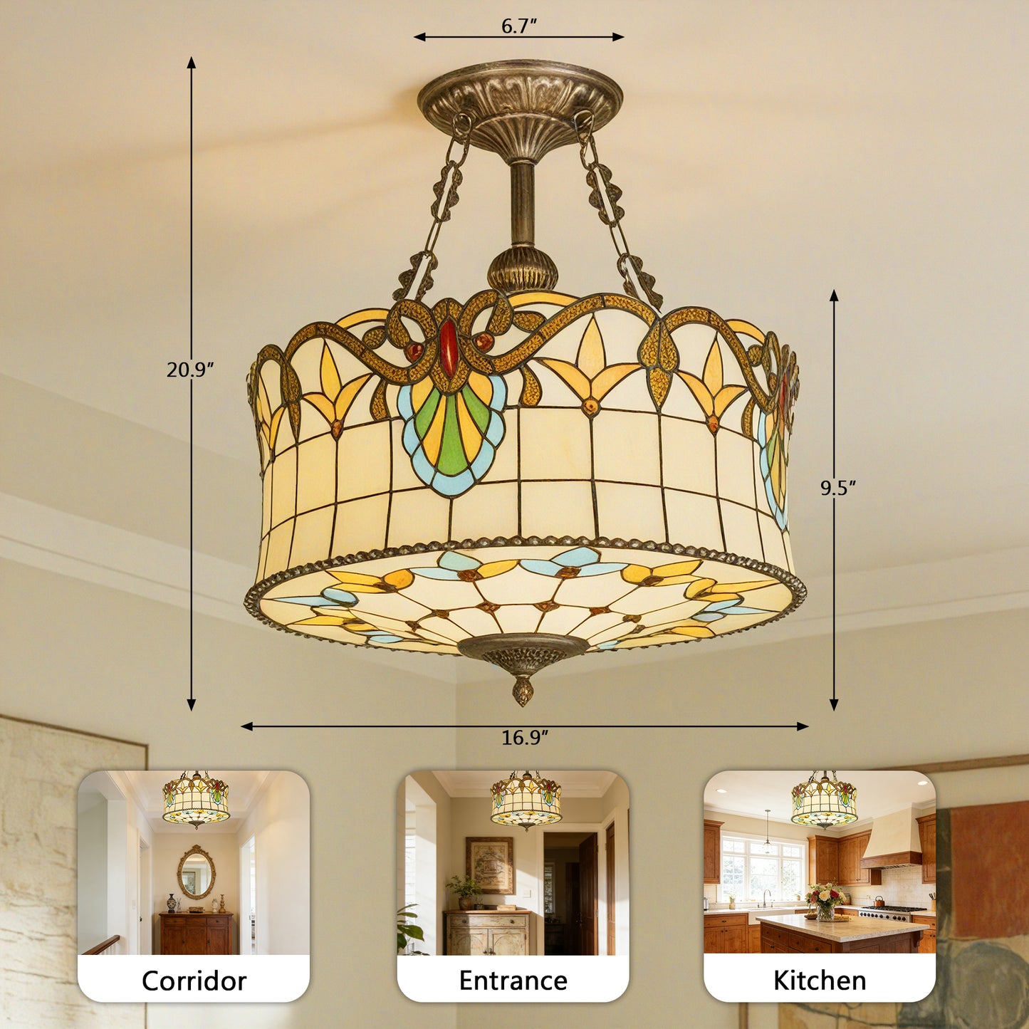 Floral Stained Glass Semi Flush Mount Ceiling Light - Antique Bronze 5-Light E26 Ceiling Lamp