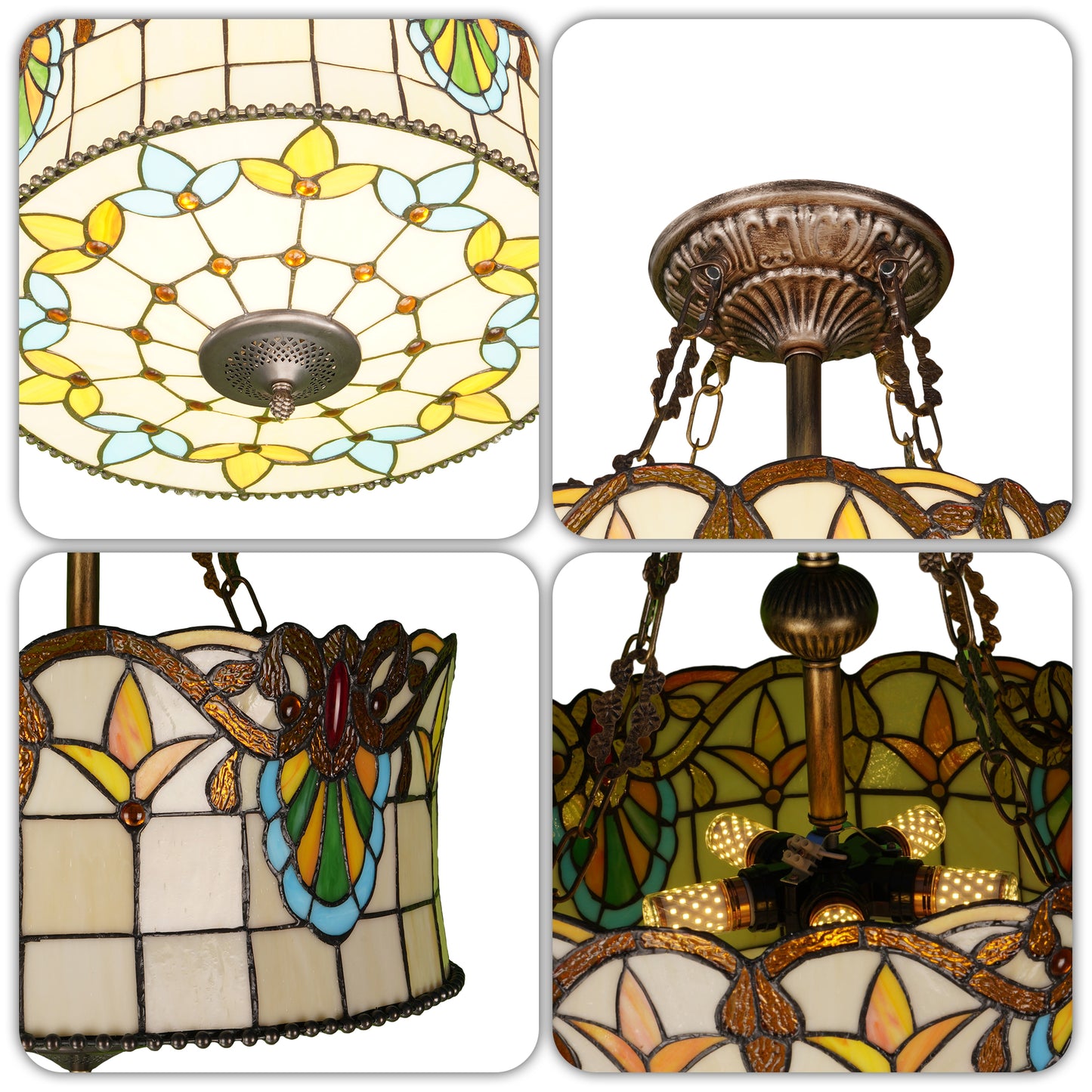 Floral Stained Glass Semi Flush Mount Ceiling Light - Antique Bronze 5-Light E26 Ceiling Lamp