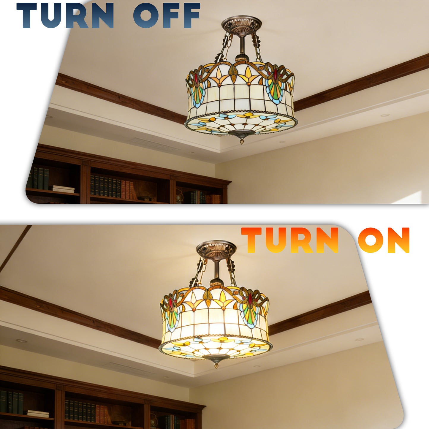 Floral Stained Glass Semi Flush Mount Ceiling Light - Antique Bronze 5-Light E26 Ceiling Lamp