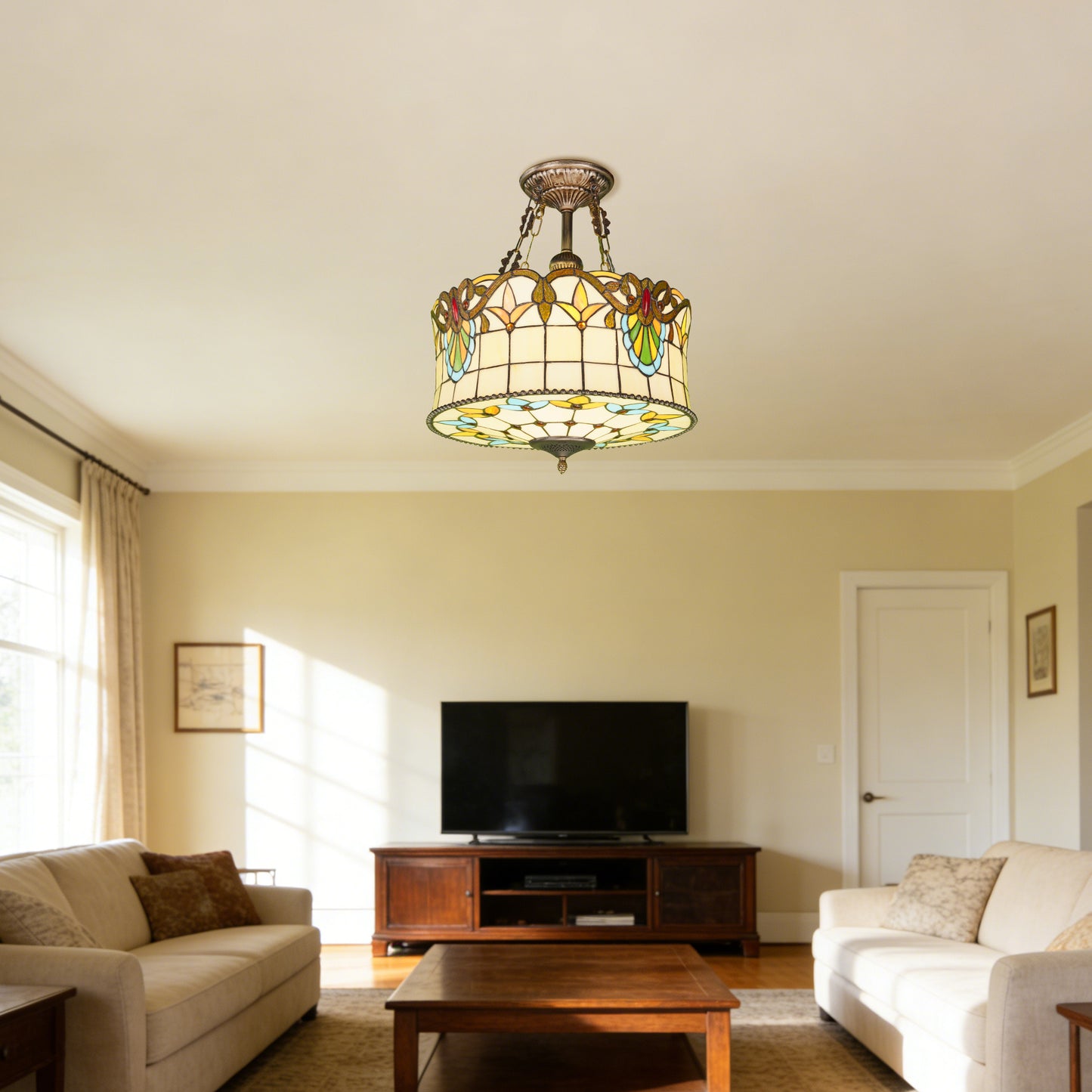 Floral Stained Glass Semi Flush Mount Ceiling Light - Antique Bronze 5-Light E26 Ceiling Lamp