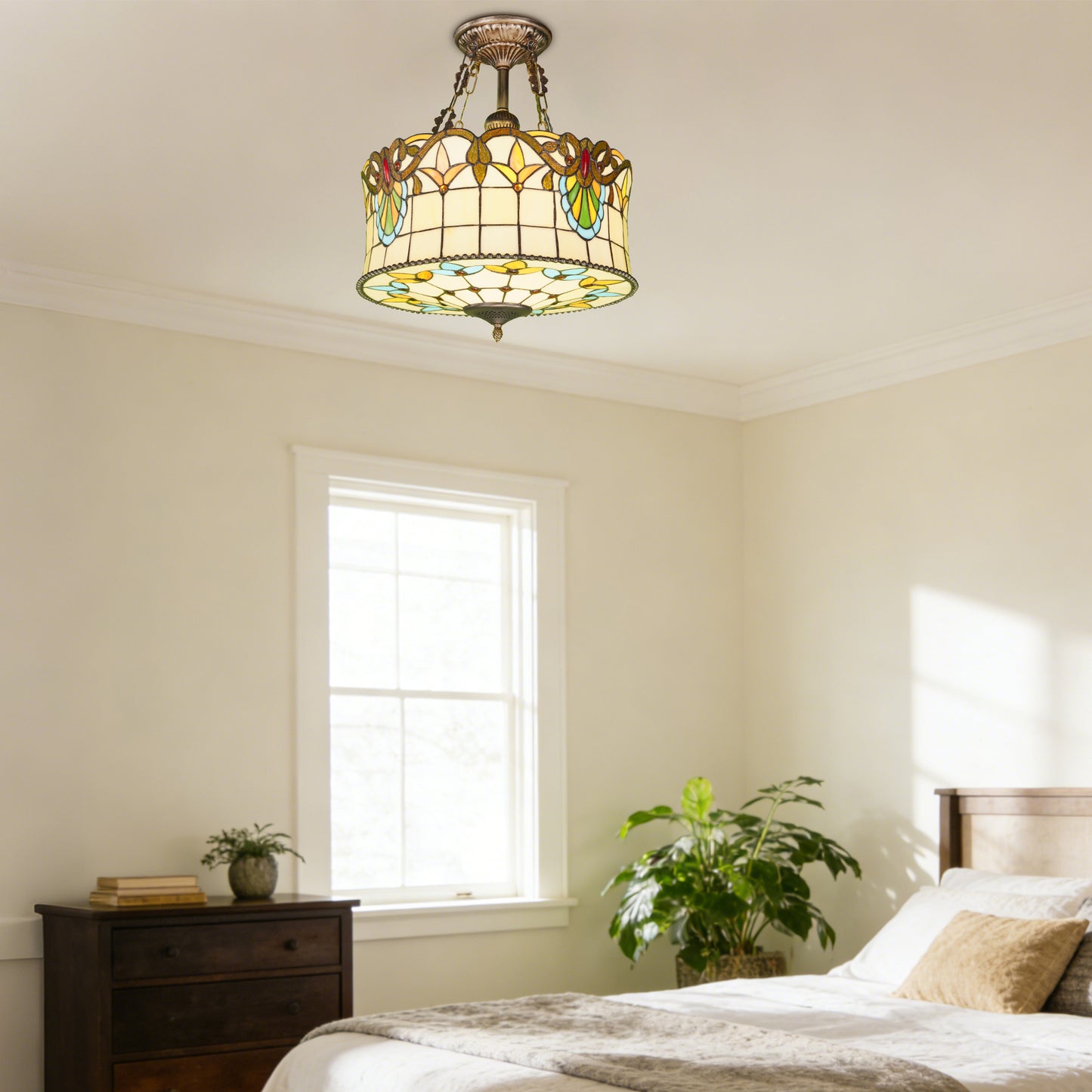 Floral Stained Glass Semi Flush Mount Ceiling Light - Antique Bronze 5-Light E26 Ceiling Lamp