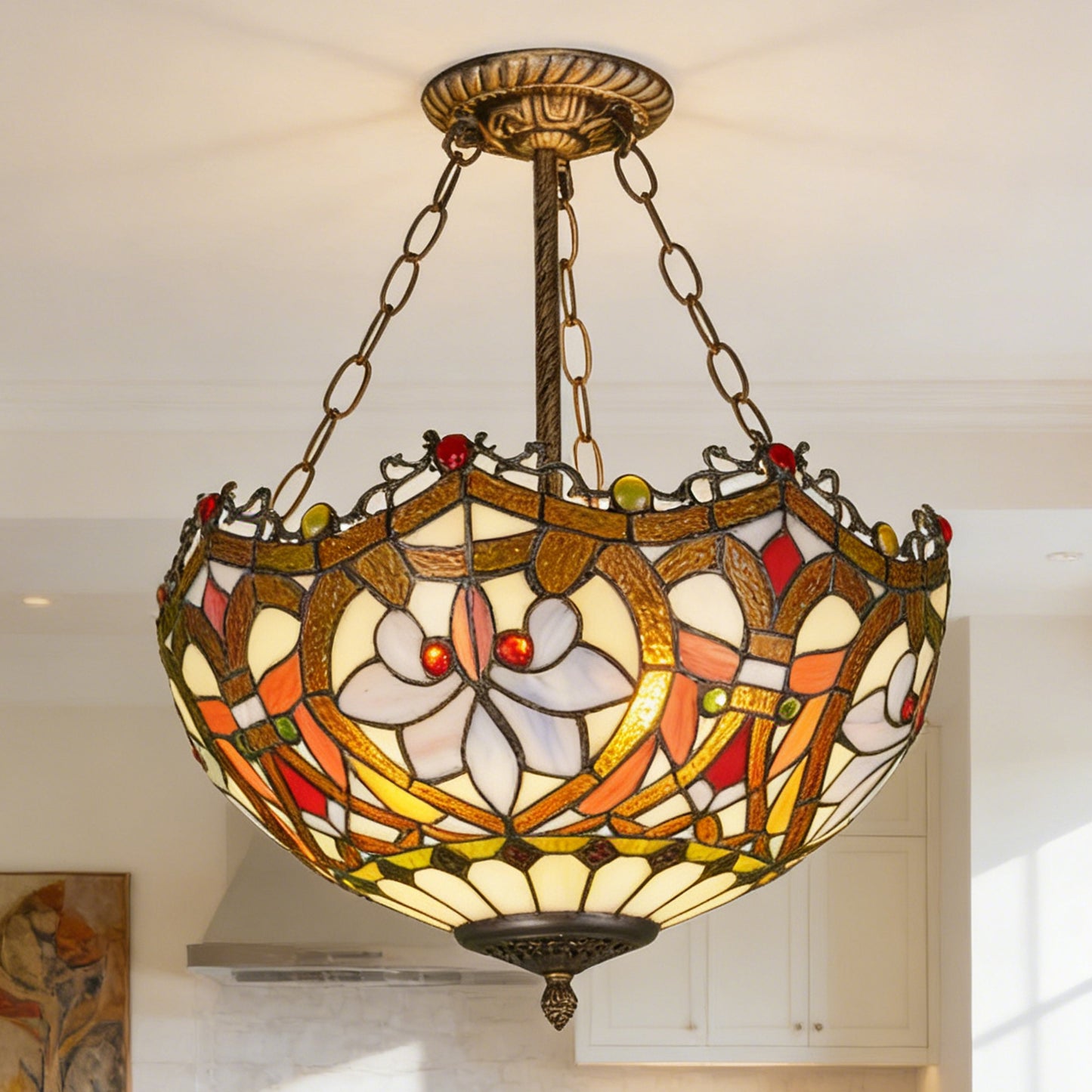 Floral Stained Glass Semi Flush Mount Ceiling Light - Antique Bronze 3-Light E26 Pendant Lamp Incl Warm Light Source