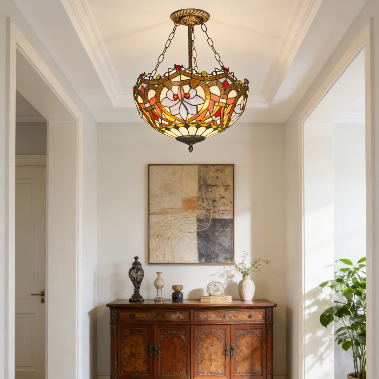 Floral Stained Glass Semi Flush Mount Ceiling Light - Antique Bronze 3-Light E26 Pendant Lamp Incl Warm Light Source