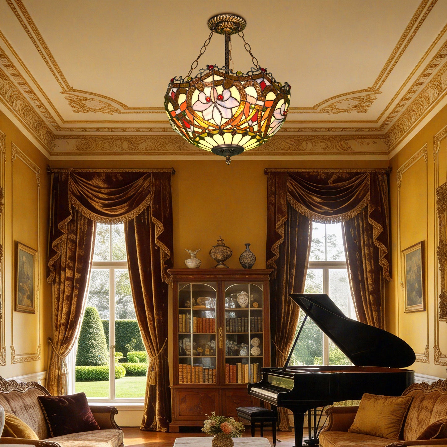 Floral Stained Glass Semi Flush Mount Ceiling Light - Antique Bronze 3-Light E26 Pendant Lamp Incl Warm Light Source