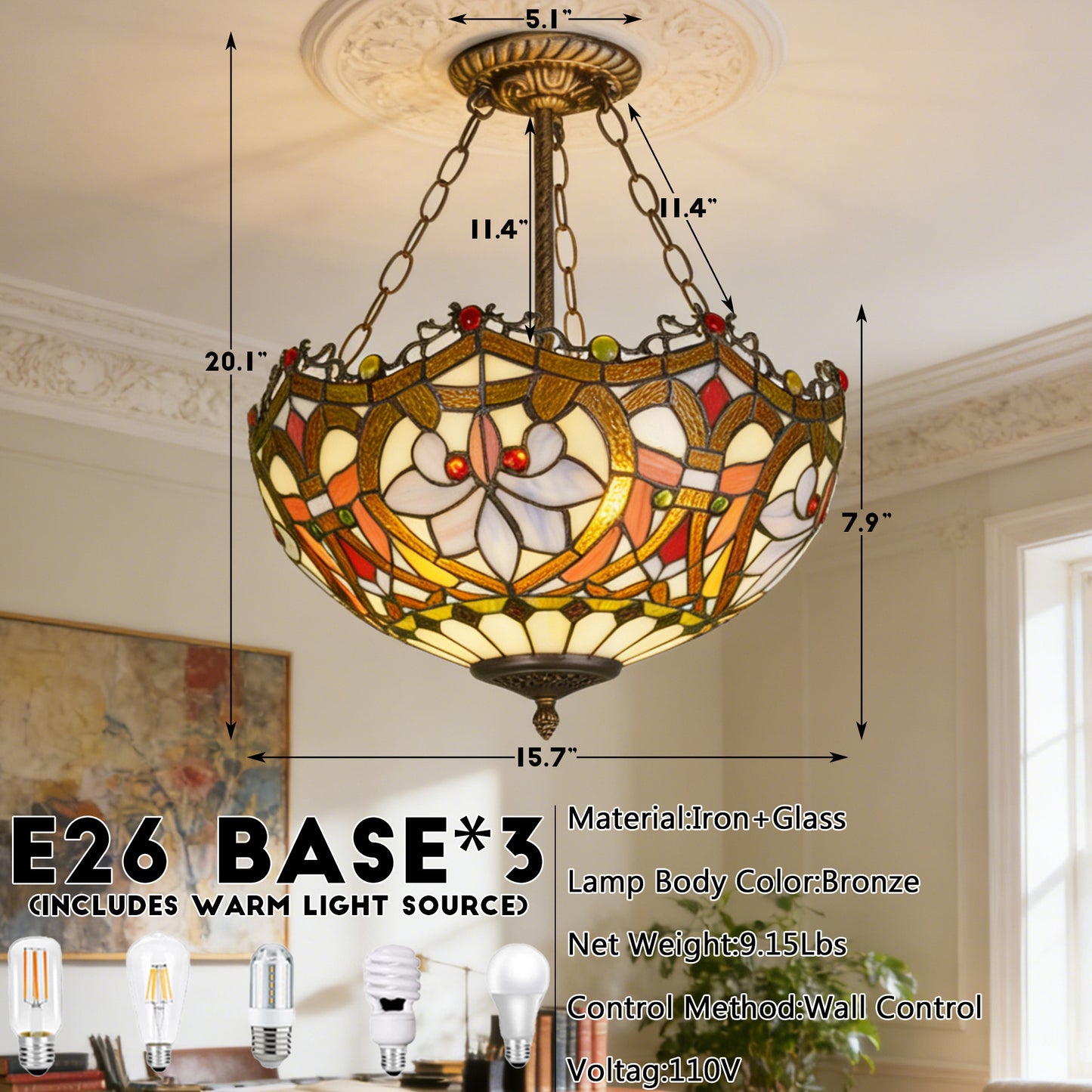 Floral Stained Glass Semi Flush Mount Ceiling Light - Antique Bronze 3-Light E26 Pendant Lamp Incl Warm Light Source