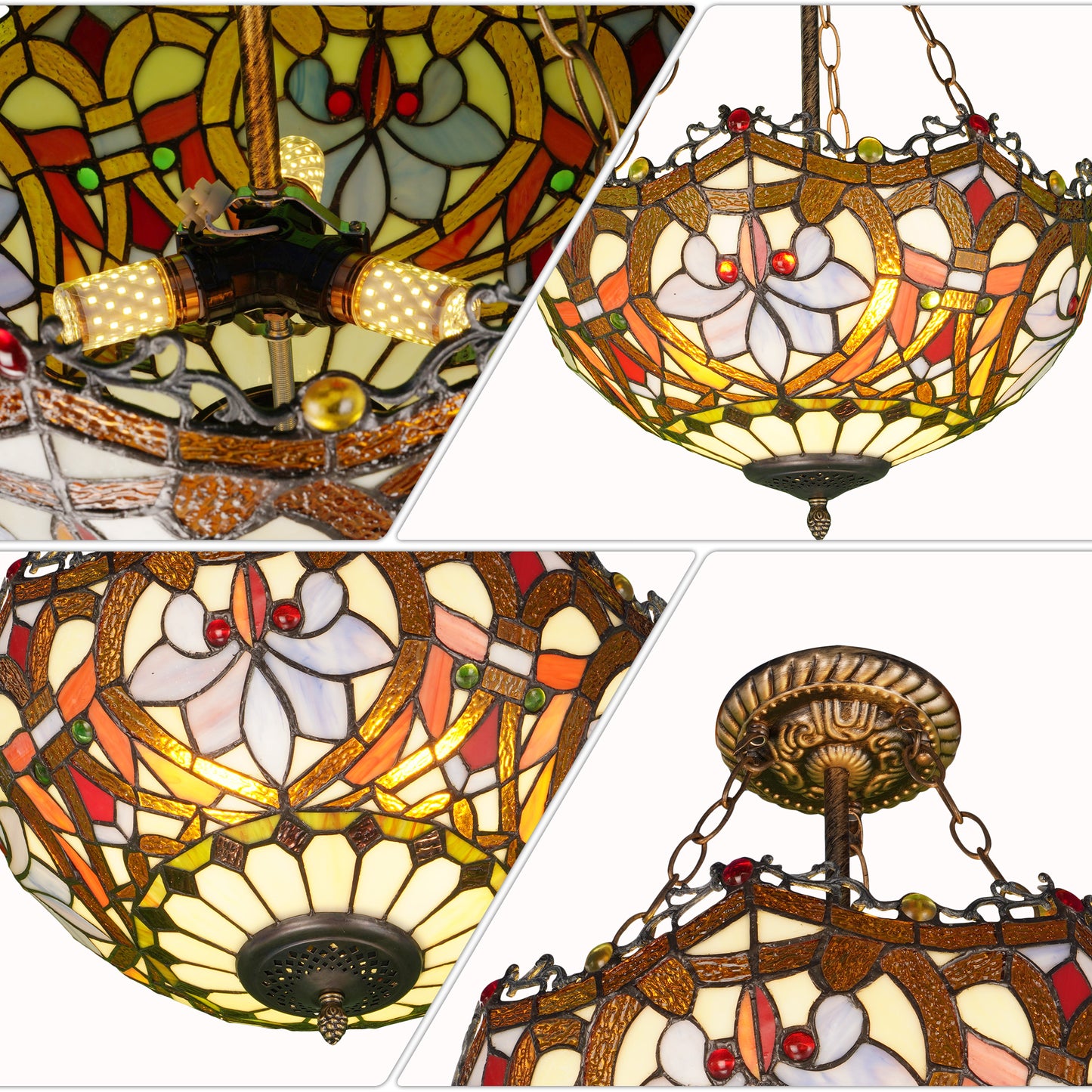 Floral Stained Glass Semi Flush Mount Ceiling Light - Antique Bronze 3-Light E26 Pendant Lamp Incl Warm Light Source