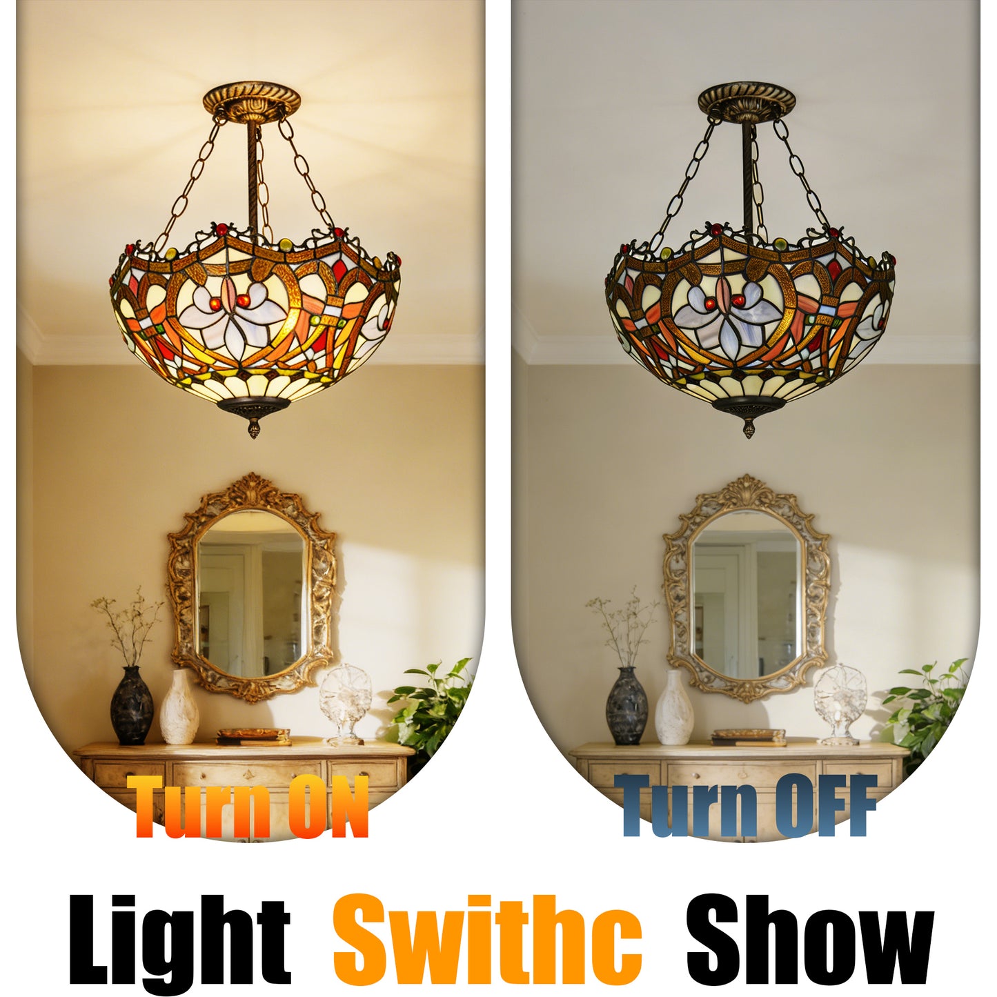 Floral Stained Glass Semi Flush Mount Ceiling Light - Antique Bronze 3-Light E26 Pendant Lamp Incl Warm Light Source