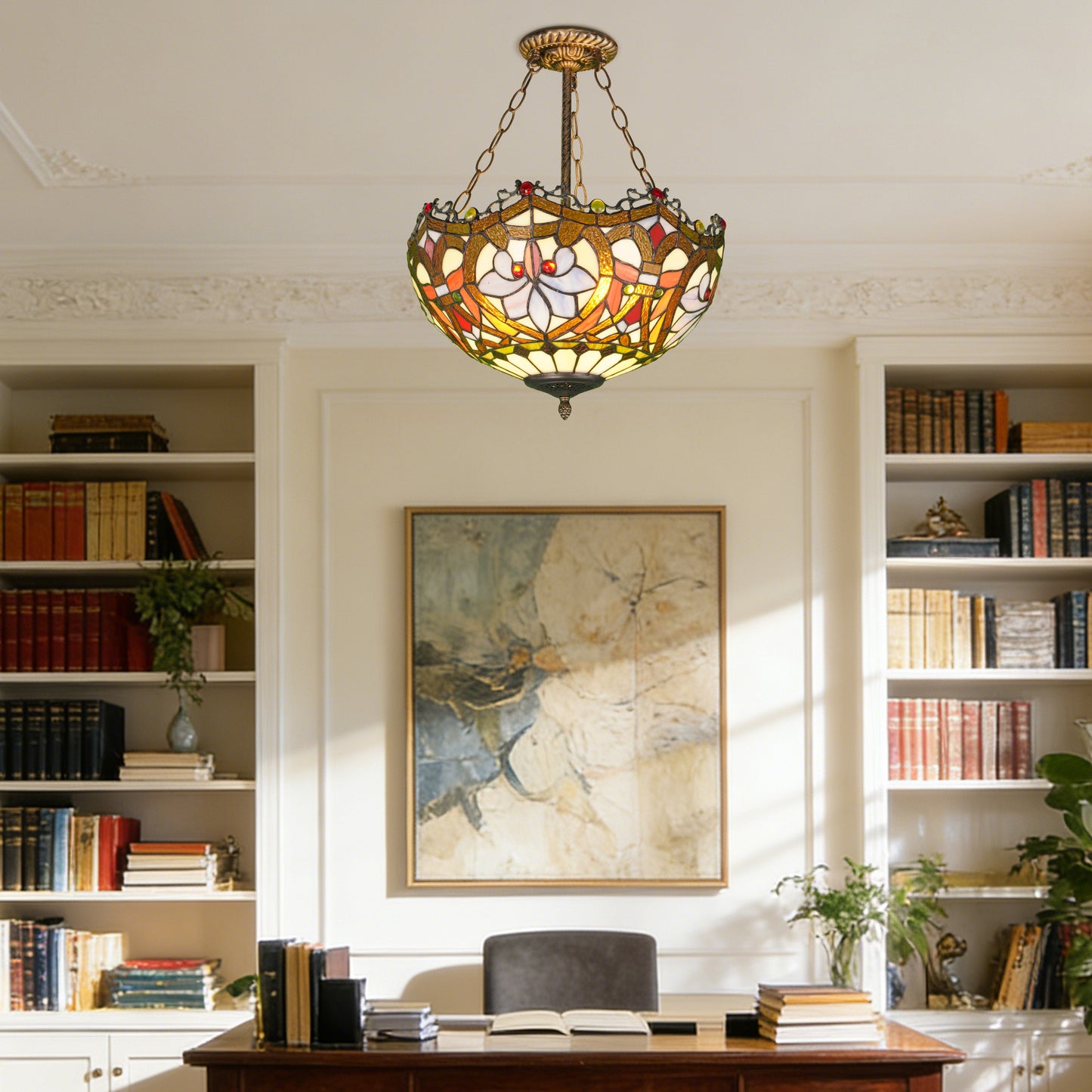 Floral Stained Glass Semi Flush Mount Ceiling Light - Antique Bronze 3-Light E26 Pendant Lamp Incl Warm Light Source
