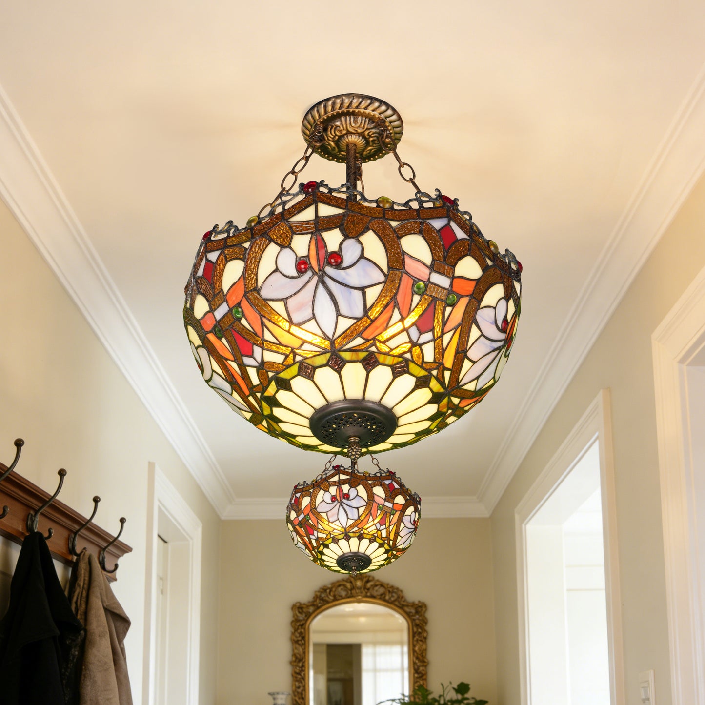 Floral Stained Glass Semi Flush Mount Ceiling Light - Antique Bronze 3-Light E26 Pendant Lamp Incl Warm Light Source