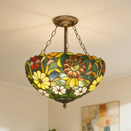 Tiffany Style Floral Stained Glass Semi Flush Mount Ceiling Light - Green Botanical Pattern Antique Bronze 3-Light E26 Pendant Lamp