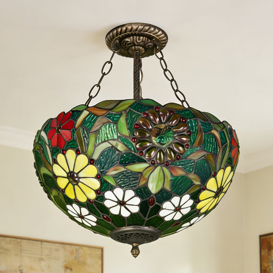 Tiffany Style Floral Stained Glass Semi Flush Mount Ceiling Light - Green Botanical Pattern Antique Bronze 3-Light E26 Pendant Lamp