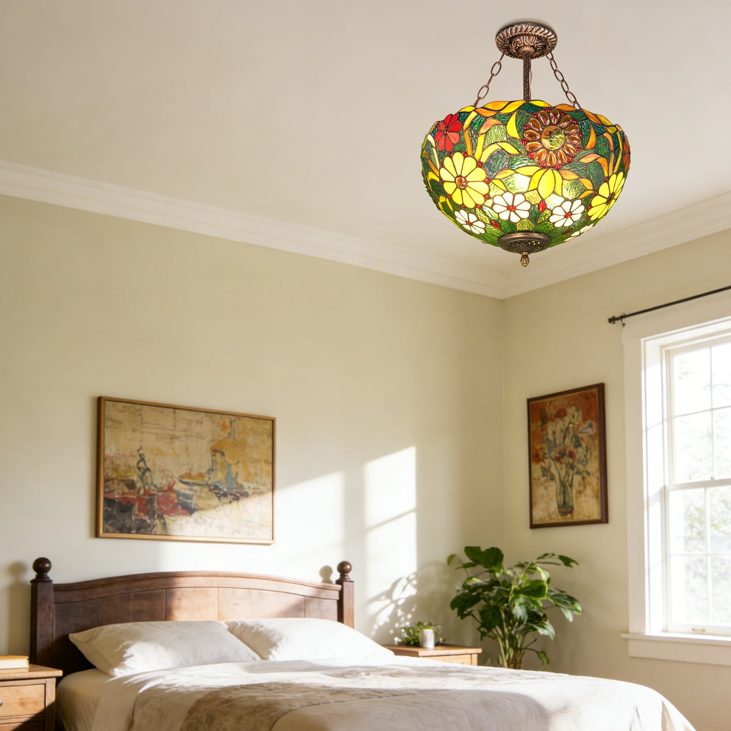 Tiffany Style Floral Stained Glass Semi Flush Mount Ceiling Light - Green Botanical Pattern Antique Bronze 3-Light E26 Pendant Lamp