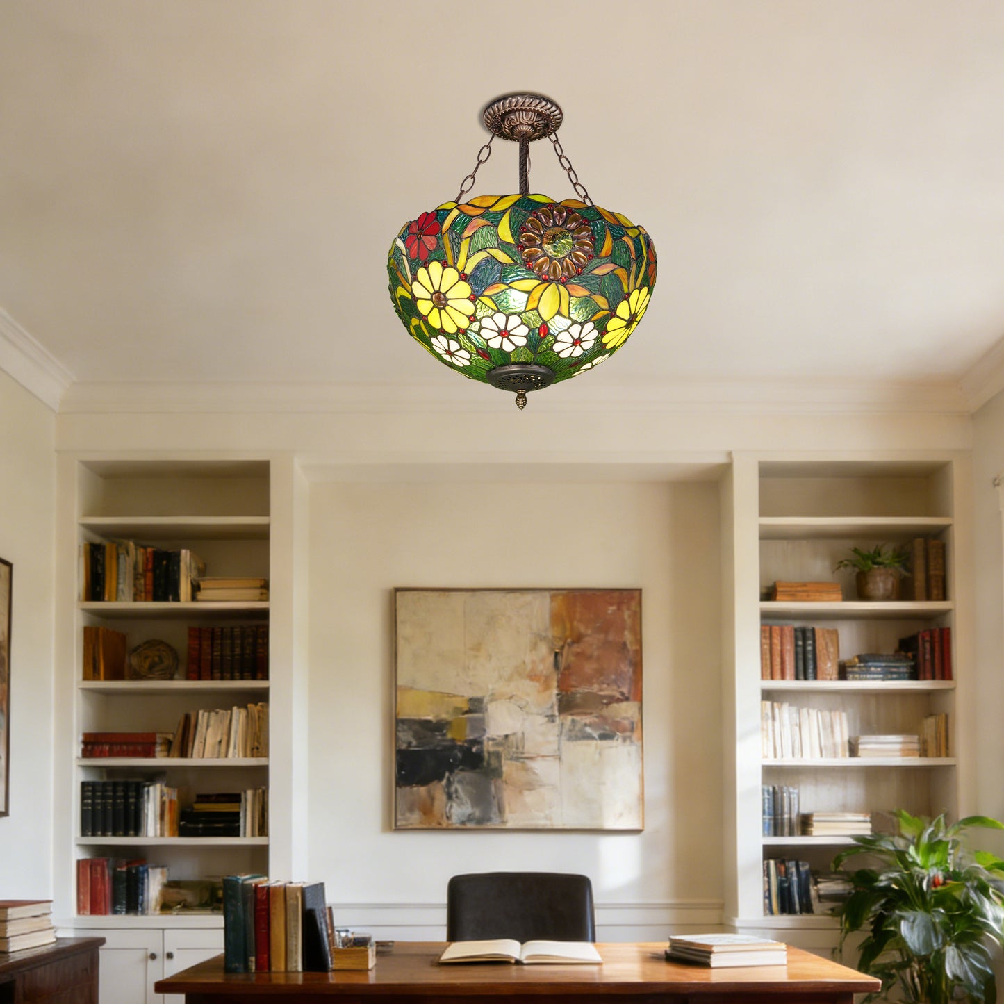 Tiffany Style Floral Stained Glass Semi Flush Mount Ceiling Light - Green Botanical Pattern Antique Bronze 3-Light E26 Pendant Lamp