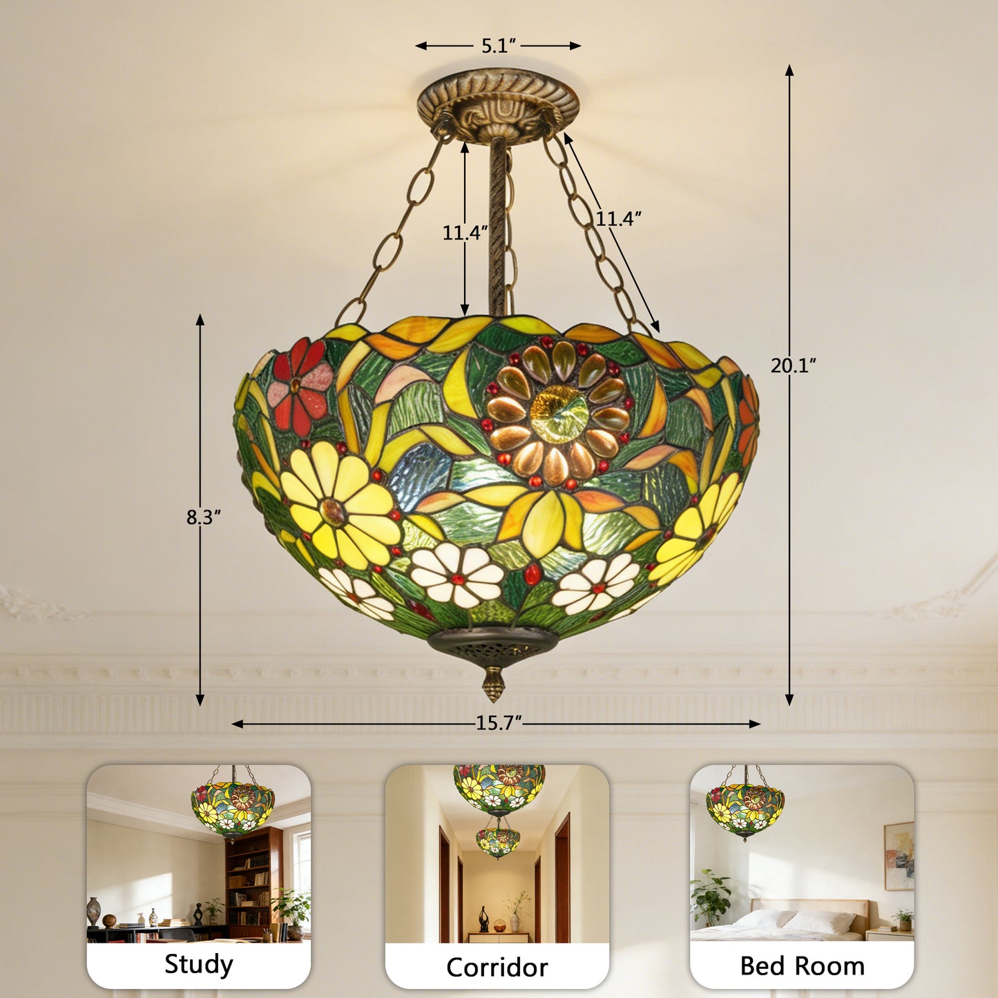 Tiffany Style Floral Stained Glass Semi Flush Mount Ceiling Light - Green Botanical Pattern Antique Bronze 3-Light E26 Pendant Lamp