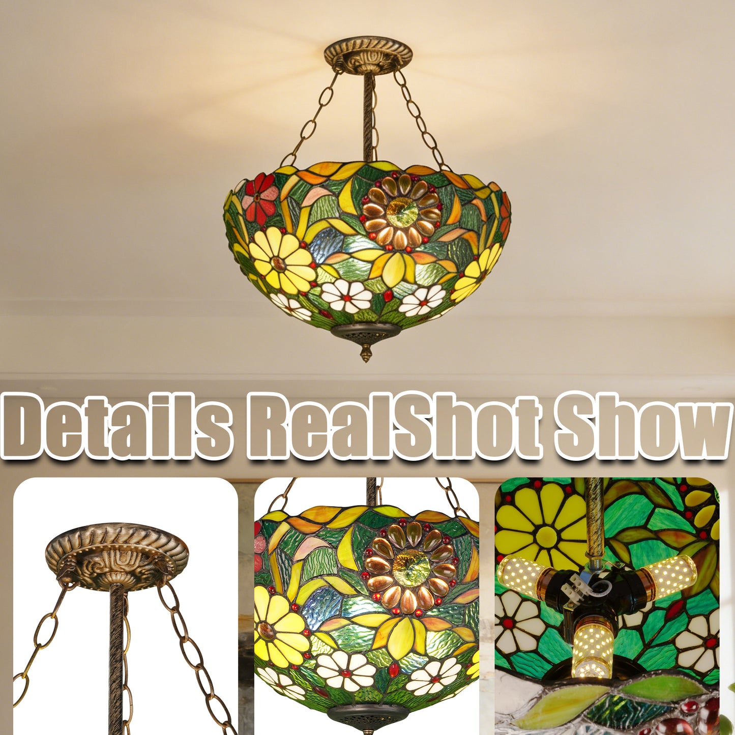 Tiffany Style Floral Stained Glass Semi Flush Mount Ceiling Light - Green Botanical Pattern Antique Bronze 3-Light E26 Pendant Lamp
