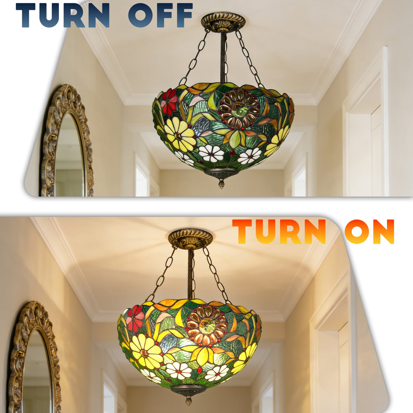 Tiffany Style Floral Stained Glass Semi Flush Mount Ceiling Light - Green Botanical Pattern Antique Bronze 3-Light E26 Pendant Lamp