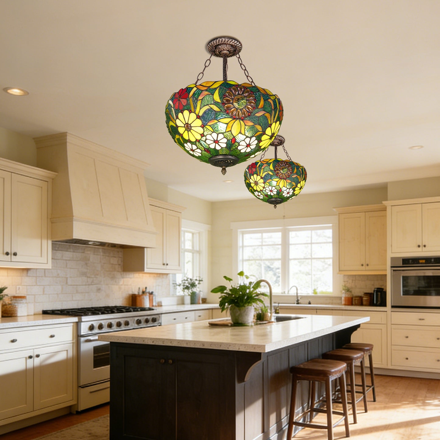 Tiffany Style Floral Stained Glass Semi Flush Mount Ceiling Light - Green Botanical Pattern Antique Bronze 3-Light E26 Pendant Lamp