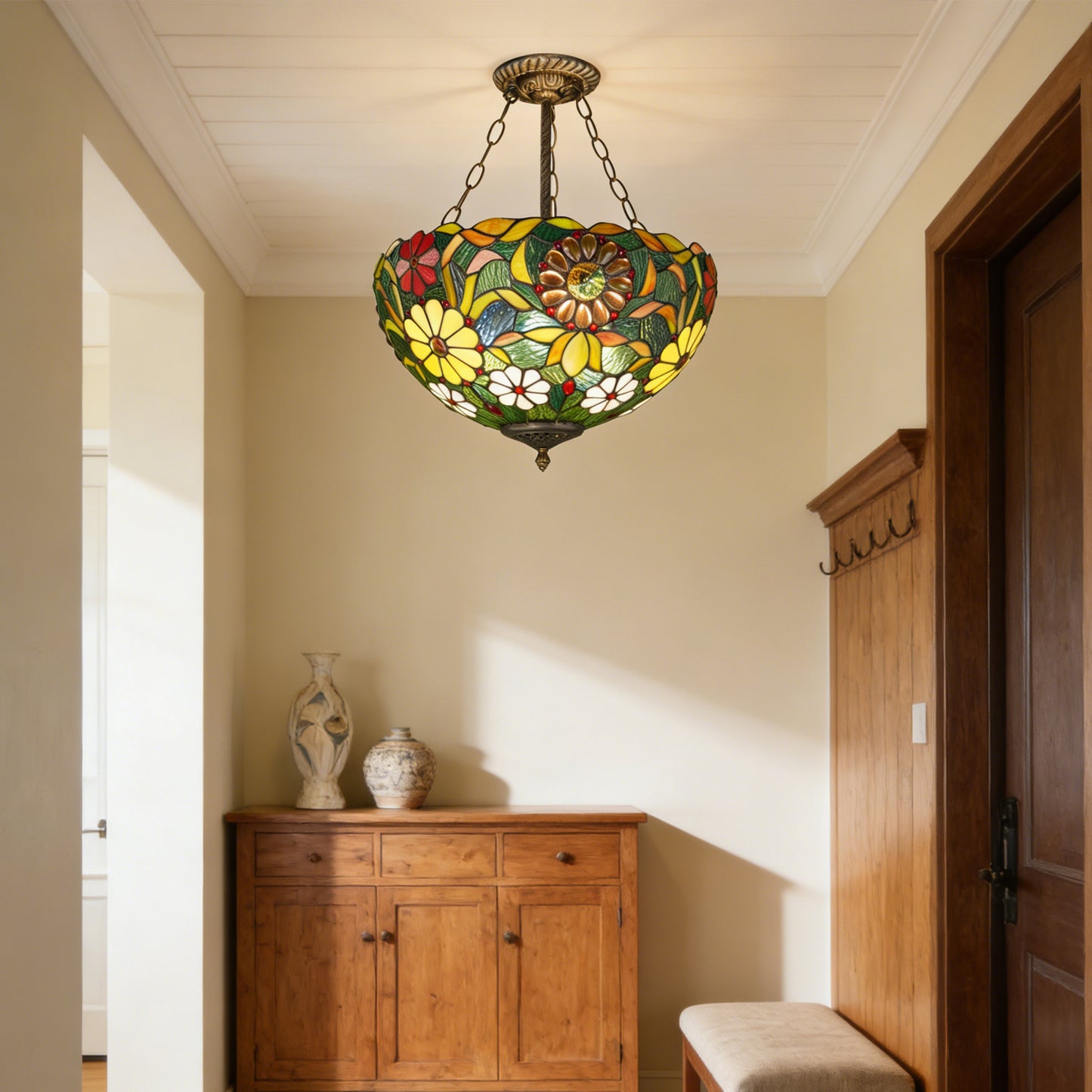 Tiffany Style Floral Stained Glass Semi Flush Mount Ceiling Light - Green Botanical Pattern Antique Bronze 3-Light E26 Pendant Lamp