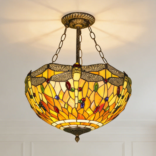 Dragonfly Stained Glass Semi Flush Mount Ceiling Light - Antique Bronze 3-Light E26 Pendant Lamp