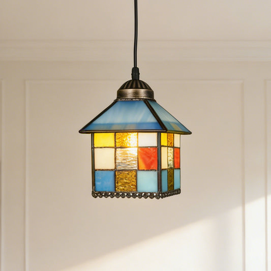 House-Shaped Stained Glass Mini Pendant Light - Adjustable 1-Light E26 Pendant Lamp