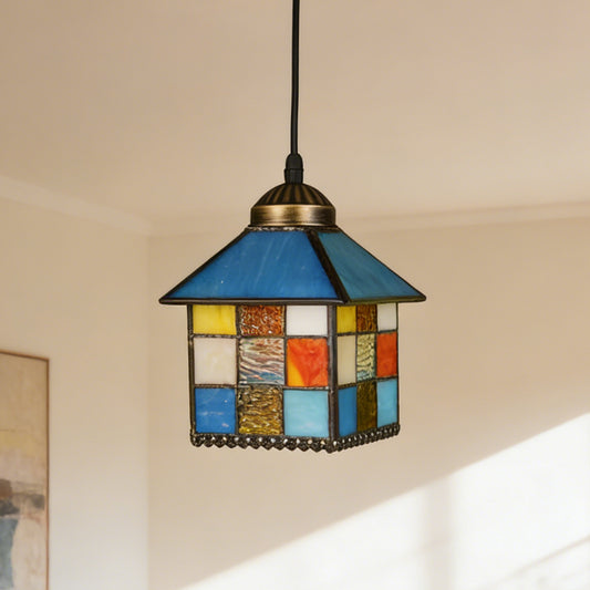 House-Shaped Stained Glass Mini Pendant Light - Adjustable 1-Light E26 Pendant Lamp