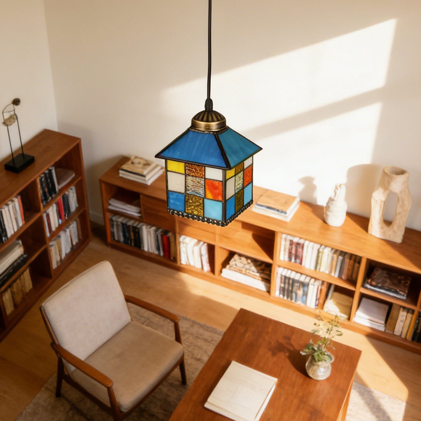 House-Shaped Stained Glass Mini Pendant Light - Adjustable 1-Light E26 Pendant Lamp
