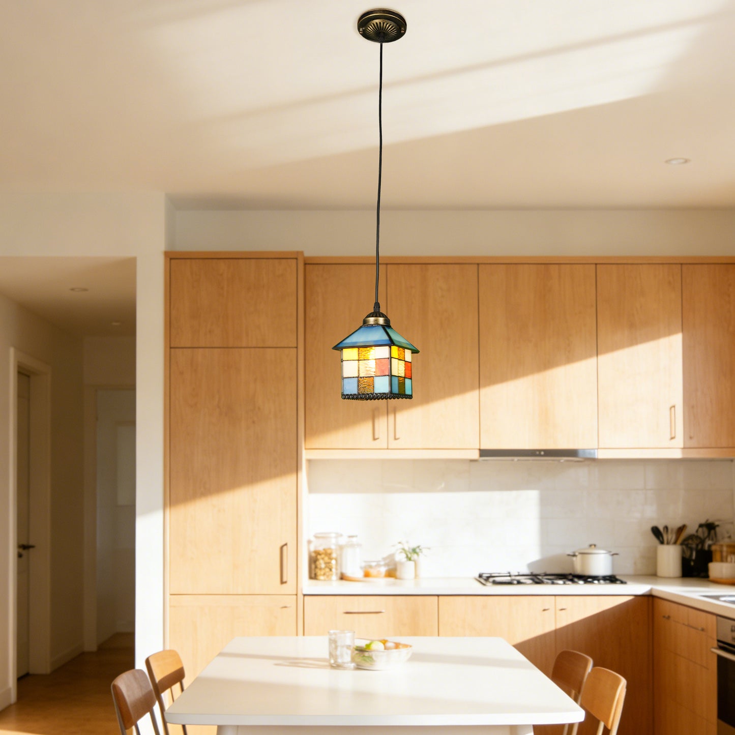 House-Shaped Stained Glass Mini Pendant Light - Adjustable 1-Light E26 Pendant Lamp