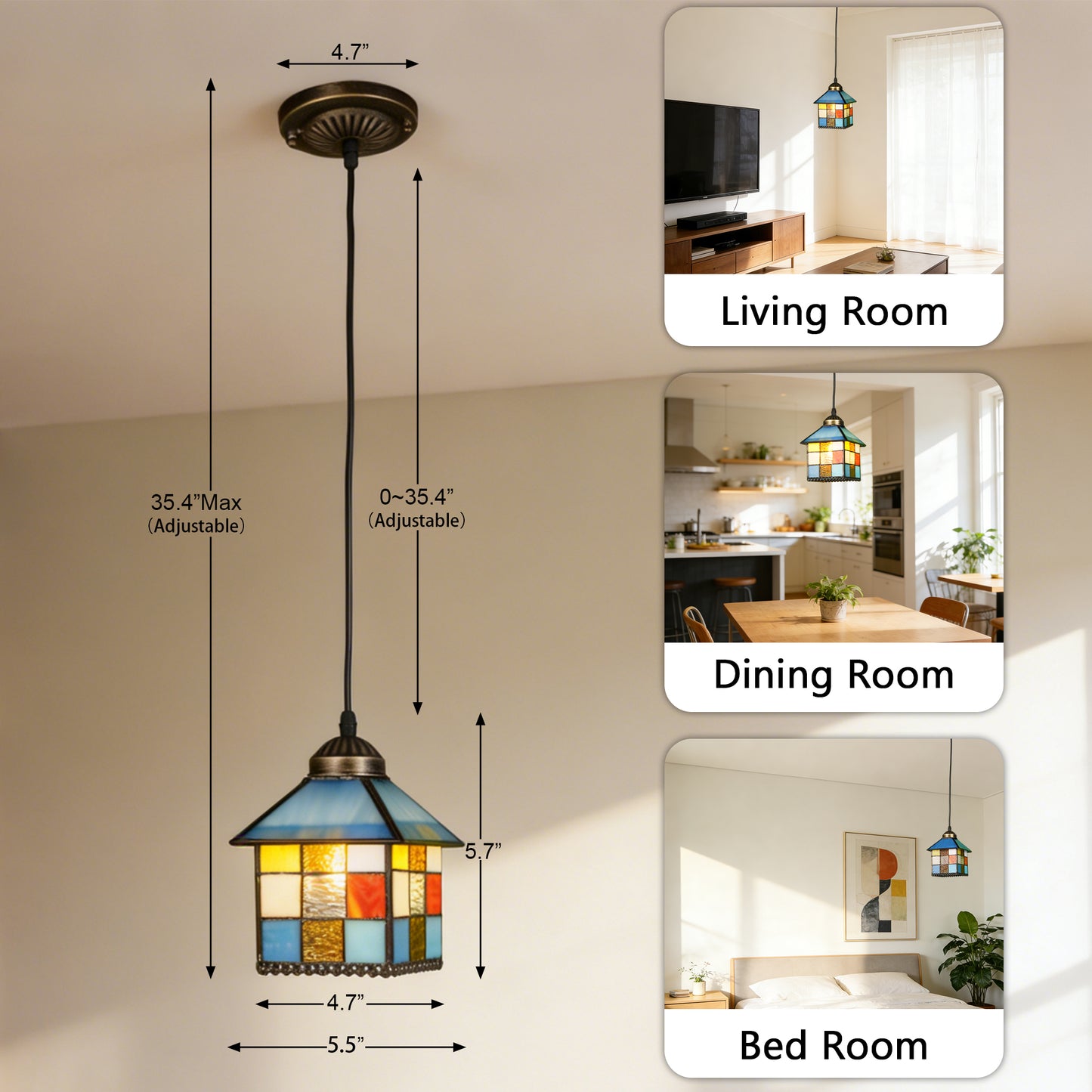 House-Shaped Stained Glass Mini Pendant Light - Adjustable 1-Light E26 Pendant Lamp