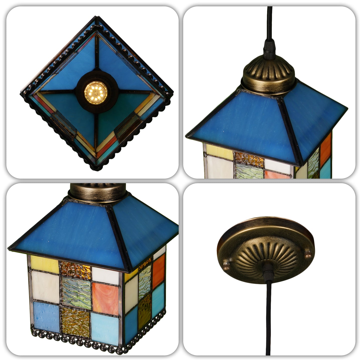 House-Shaped Stained Glass Mini Pendant Light - Adjustable 1-Light E26 Pendant Lamp