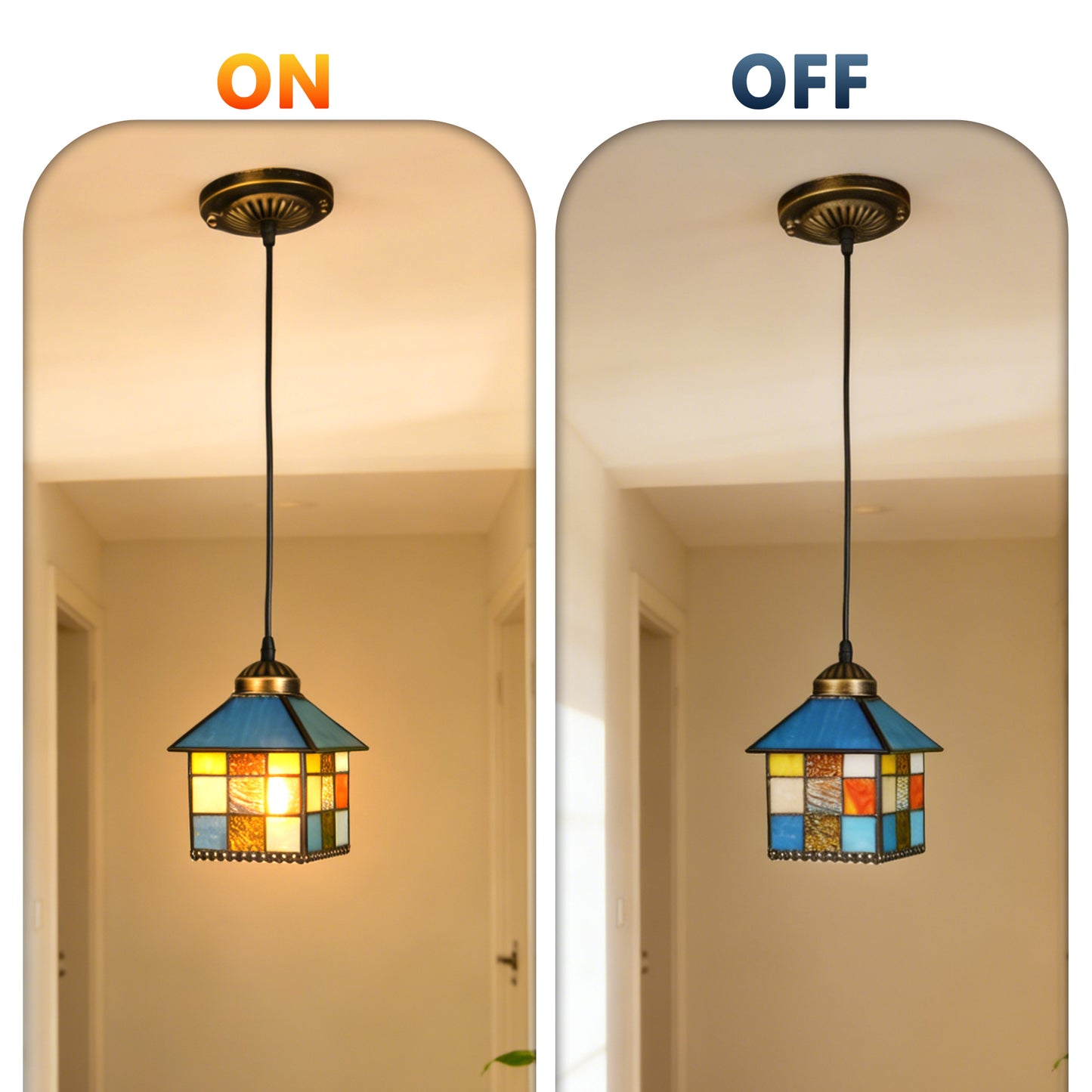 House-Shaped Stained Glass Mini Pendant Light - Adjustable 1-Light E26 Pendant Lamp