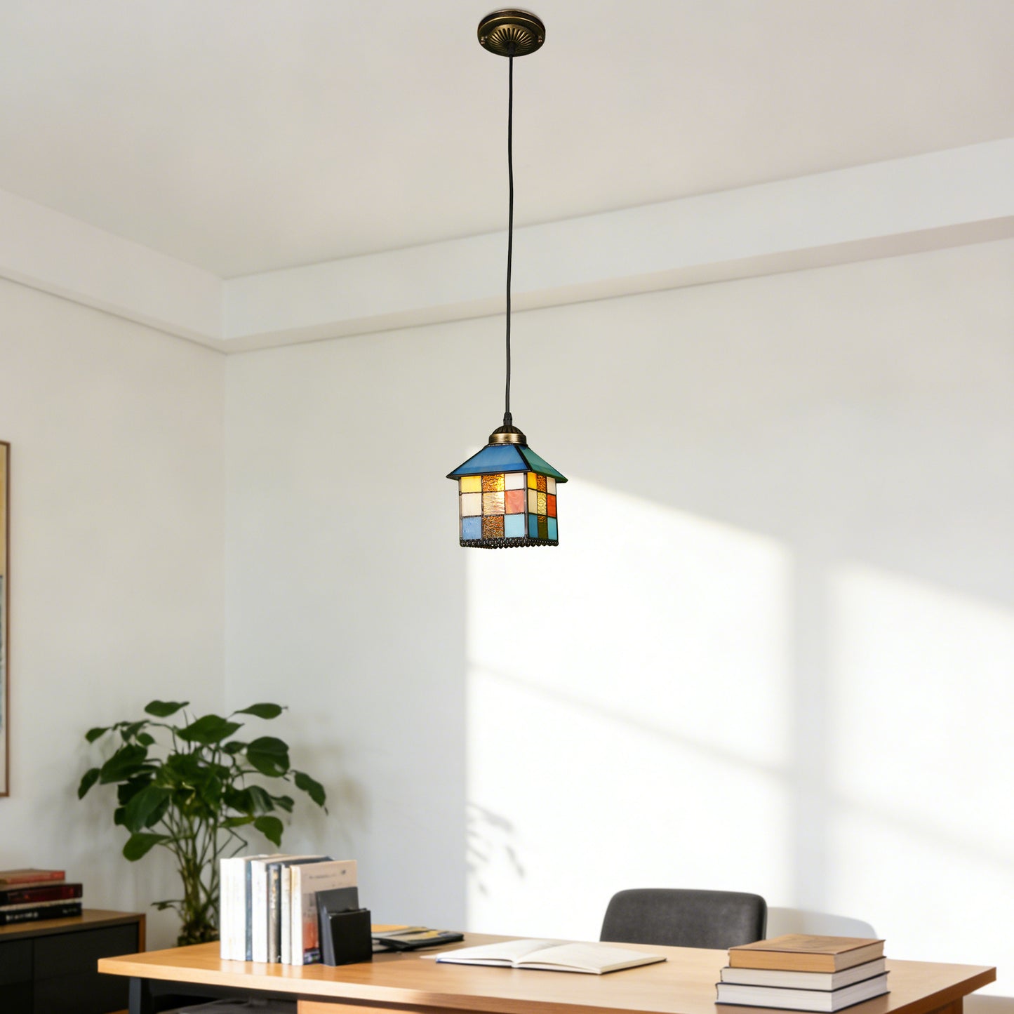 House-Shaped Stained Glass Mini Pendant Light - Adjustable 1-Light E26 Pendant Lamp