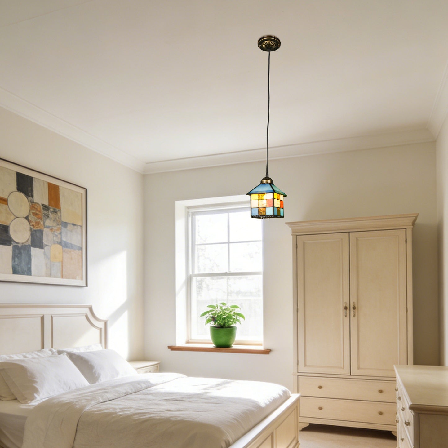 House-Shaped Stained Glass Mini Pendant Light - Adjustable 1-Light E26 Pendant Lamp