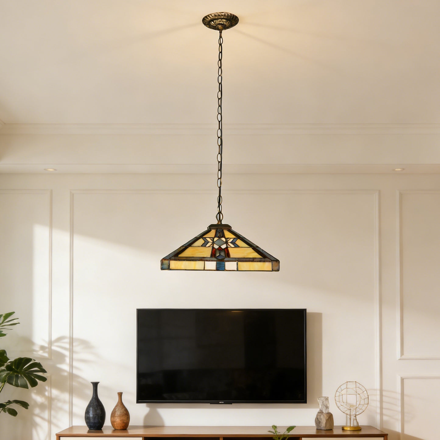 Geometric Stained Glass Pendant Light - Antique Bronze 1-Light E26 Pendant Lamp (Bulb Not Included