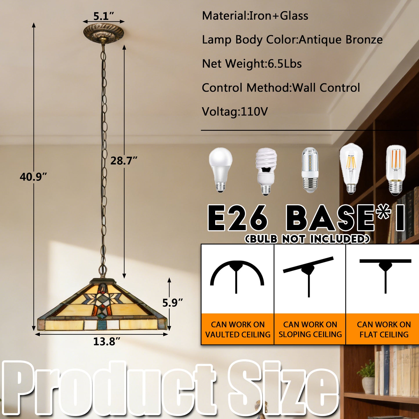 Geometric Stained Glass Pendant Light - Antique Bronze 1-Light E26 Pendant Lamp (Bulb Not Included