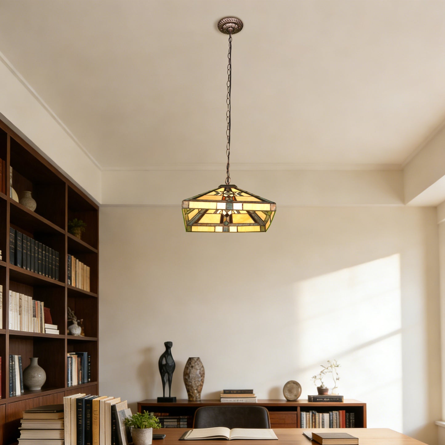 Geometric Stained Glass Pendant Light - Antique Bronze 1-Light E26 Pendant Lamp (Bulb Not Included