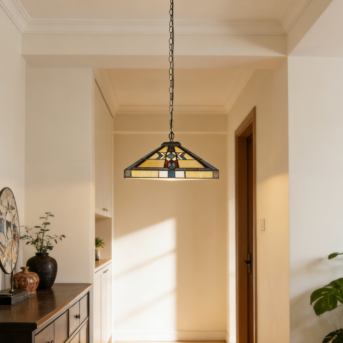 Geometric Stained Glass Pendant Light - Antique Bronze 1-Light E26 Pendant Lamp (Bulb Not Included