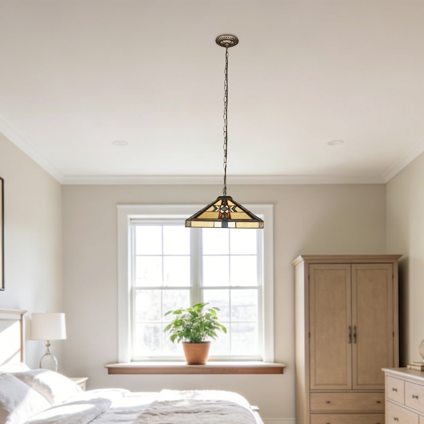 Geometric Stained Glass Pendant Light - Antique Bronze 1-Light E26 Pendant Lamp (Bulb Not Included