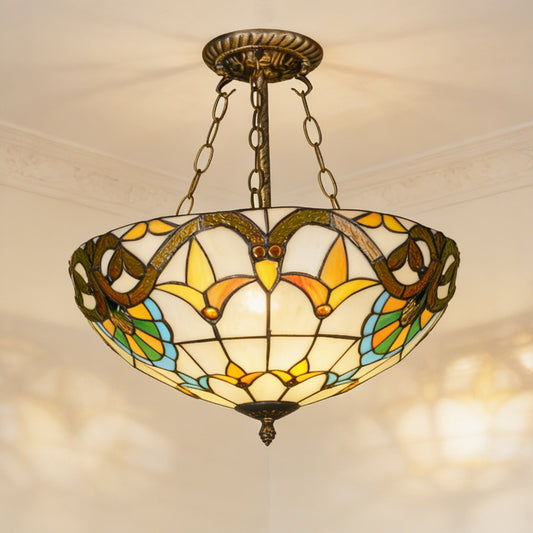 Floral Vine Stained Glass Semi Flush Mount Ceiling Light - Antique Bronze 3-Light E26 Pendant Lamp (Incl Warm Light Source