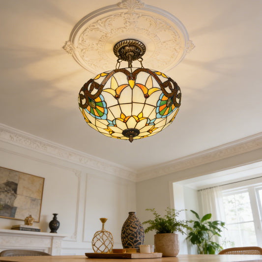 Floral Vine Stained Glass Semi Flush Mount Ceiling Light - Antique Bronze 3-Light E26 Pendant Lamp (Incl Warm Light Source