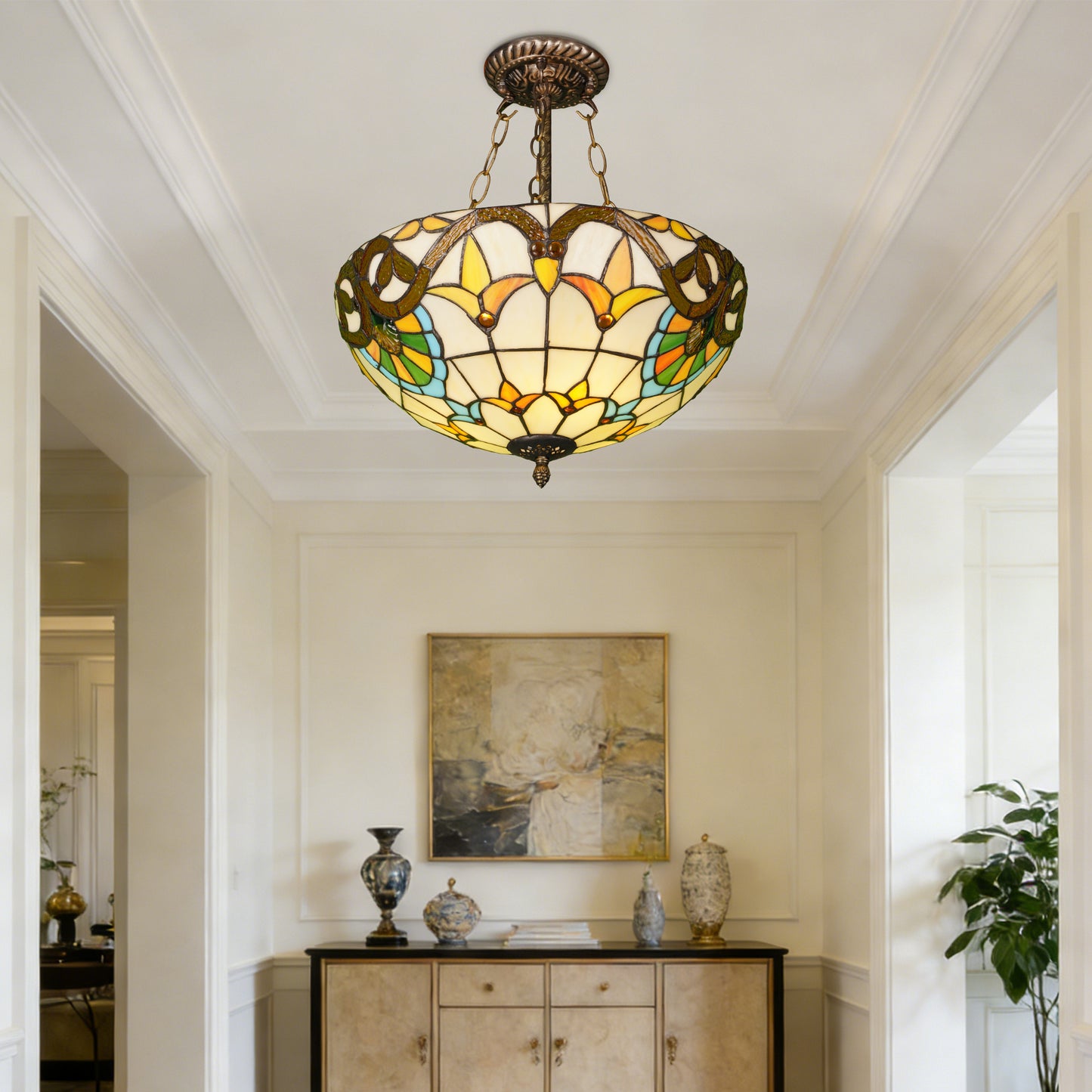 Floral Vine Stained Glass Semi Flush Mount Ceiling Light - Antique Bronze 3-Light E26 Pendant Lamp (Incl Warm Light Source